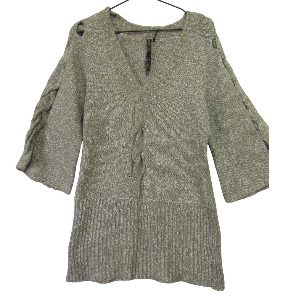 Renee C Sweater Tunic Womens Large Sage Green Good Cable Knit Cold Shoulder Boho